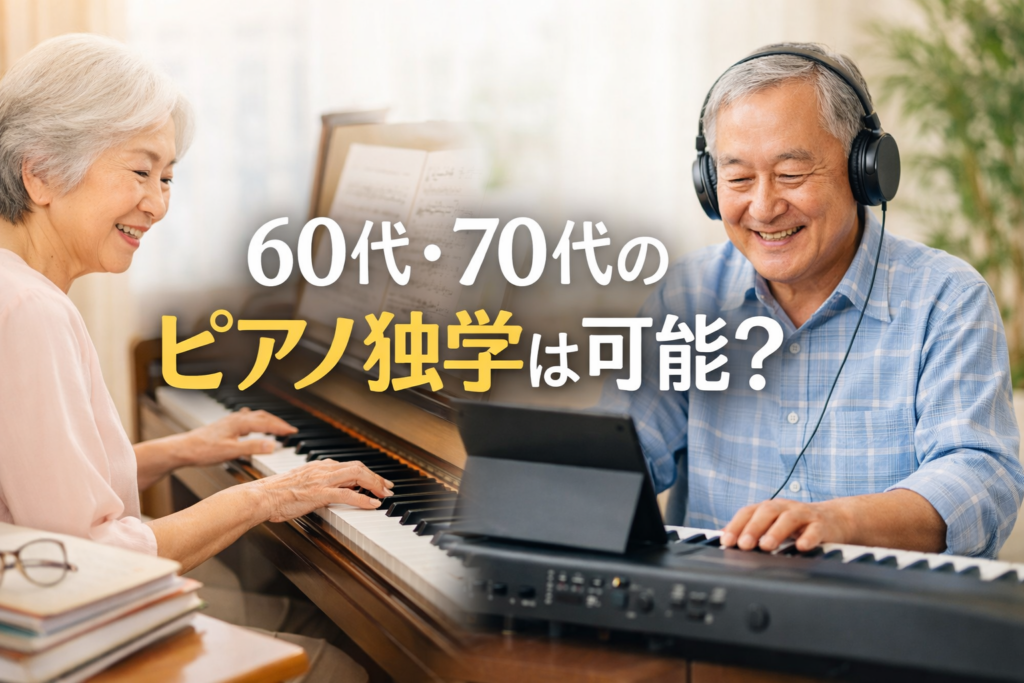 60代・70代からピアノを独学で始めるシニアをイメージしたやさしい雰囲気のアイキャッチ画像