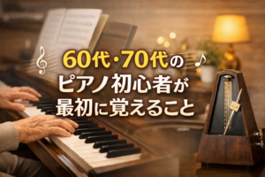 シニア女性がピアノを弾いている様子を背景に、中央に「60代・70代のピアノ初心者が最初に覚えること」と入った横長のアイキャッチ画像