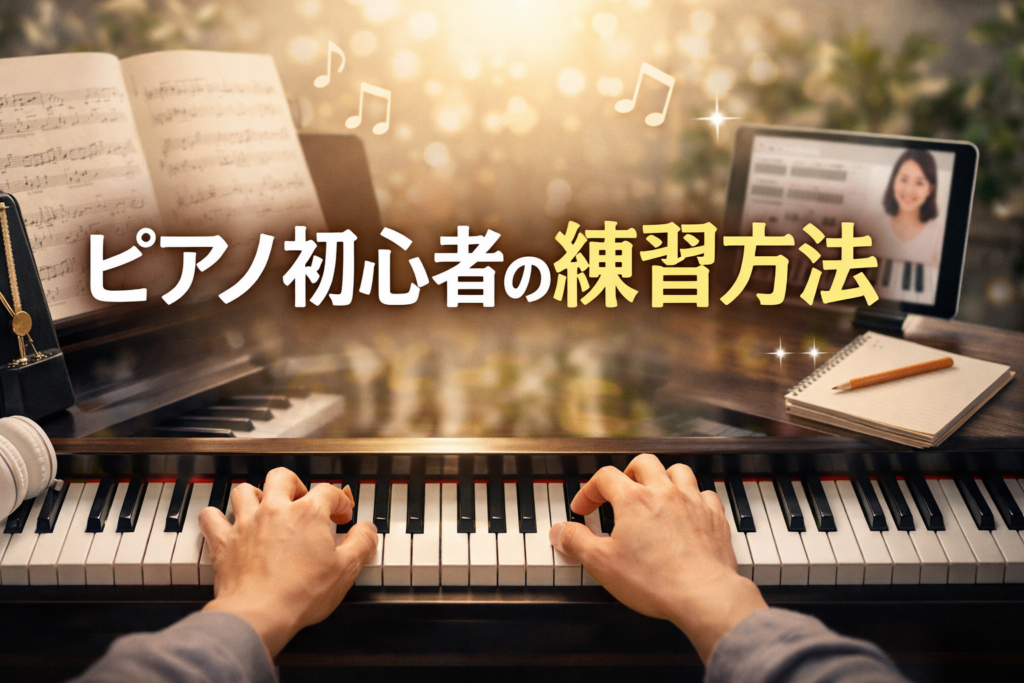 ピアノ鍵盤と楽譜を背景に、大人向けの練習イメージを表現した「ピアノ初心者の練習方法」のアイキャッチ画像