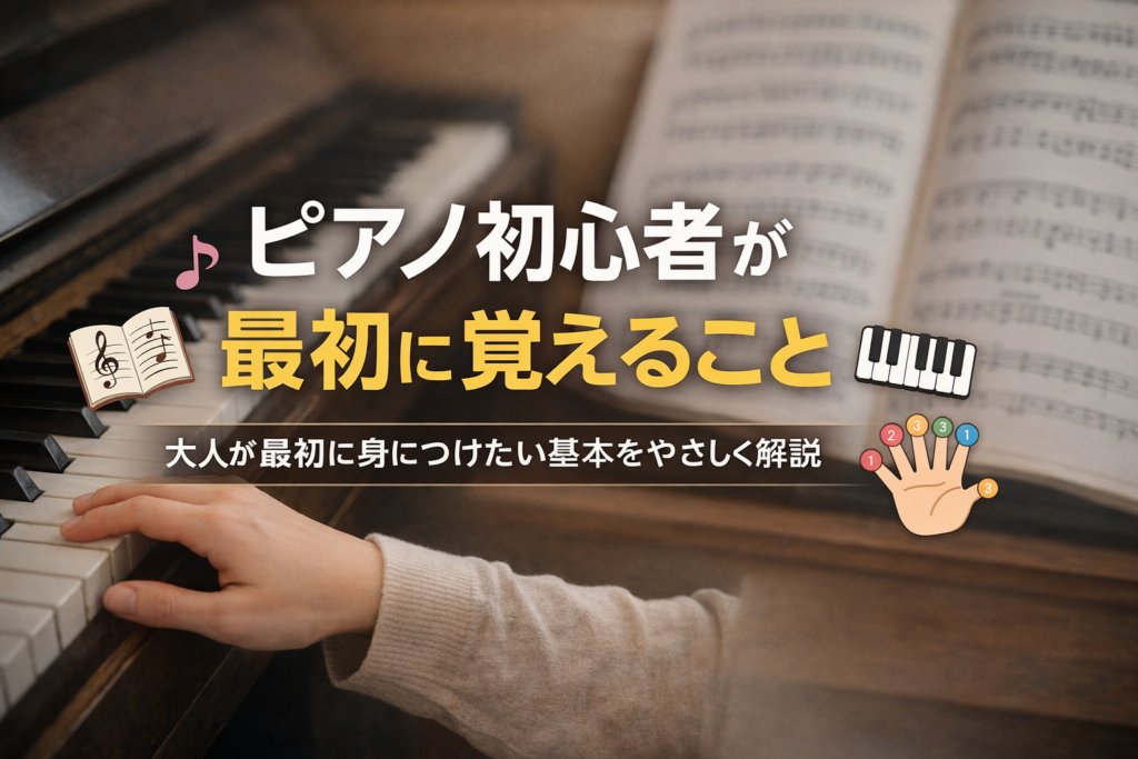 ピアノの鍵盤と楽譜を背景に、大人向けの「ピアノ初心者が最初に覚えること」というタイトルを中央配置した横長アイキャッチ画像