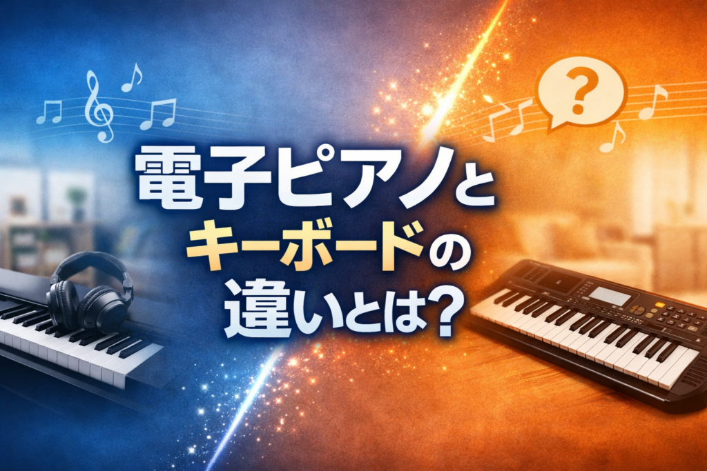 電子ピアノとキーボードを左右に並べて比較したアイキャッチ画像。中央に「電子ピアノとキーボードの違いとは？」の文字が大きく配置され、左側にヘッドホン付きの電子ピアノ、右側にキーボードが描かれている。