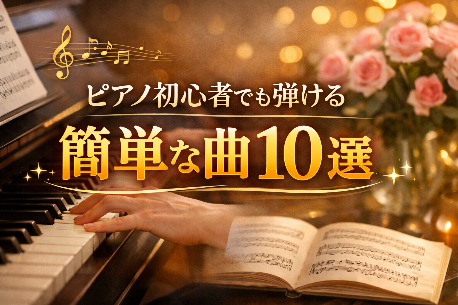 ピアノの鍵盤と楽譜を背景に、中央に「ピアノ初心者でも弾ける簡単な曲10選」と大きく配置した、あたたかみのあるアイキャッチ画像
