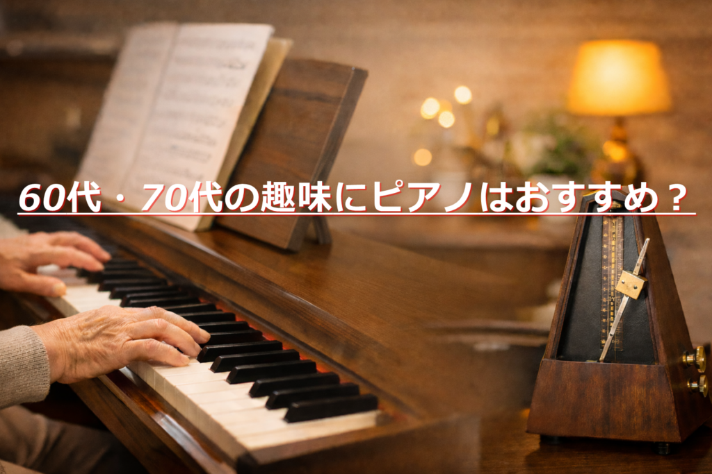シニアの手元がピアノ鍵盤を弾いている様子を写した横長画像。