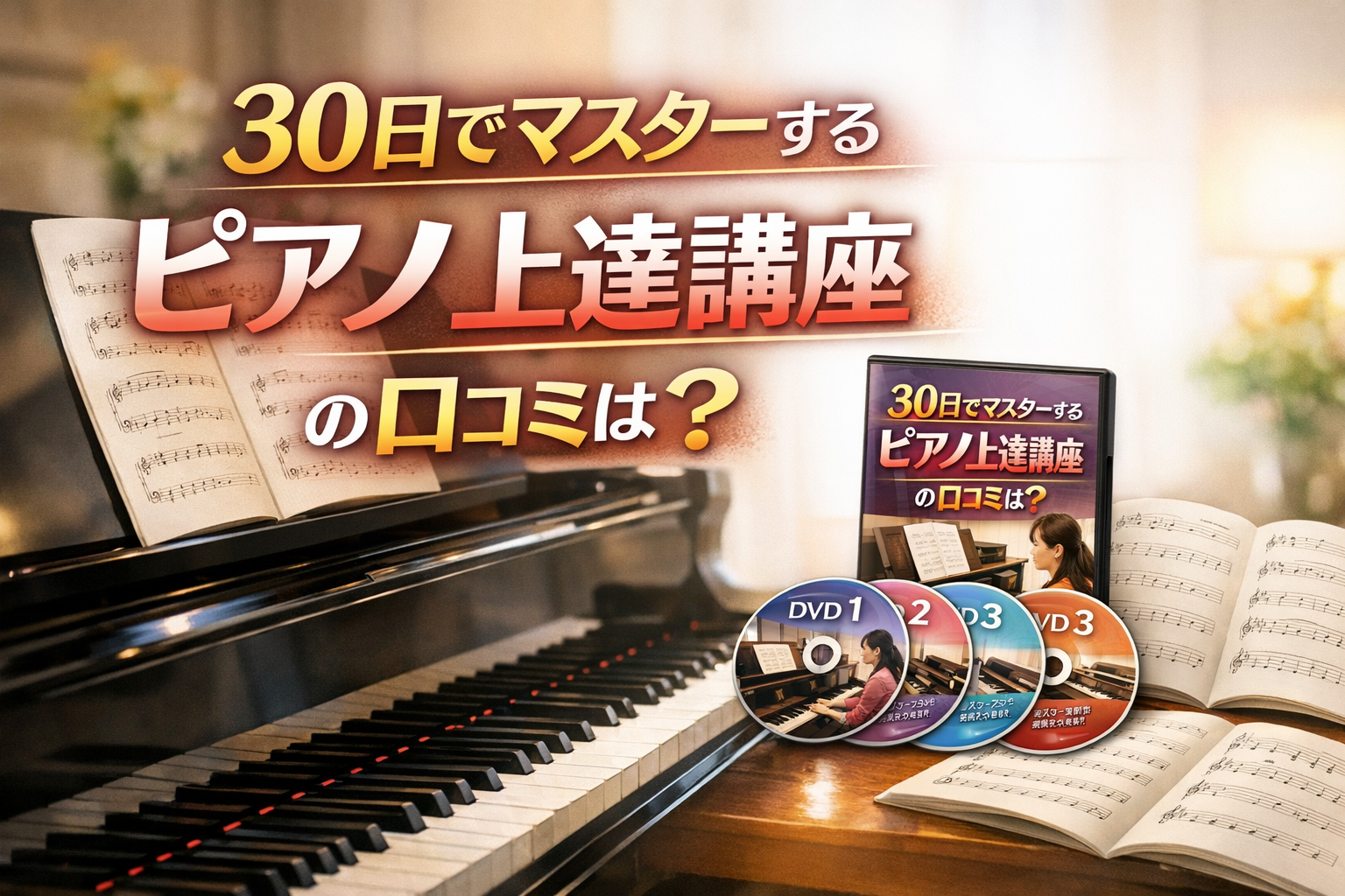 30日でマスターするピアノ上達講座の口コミや評判をイメージした、ピアノと楽譜、教材が配置されたアイキャッチ画像