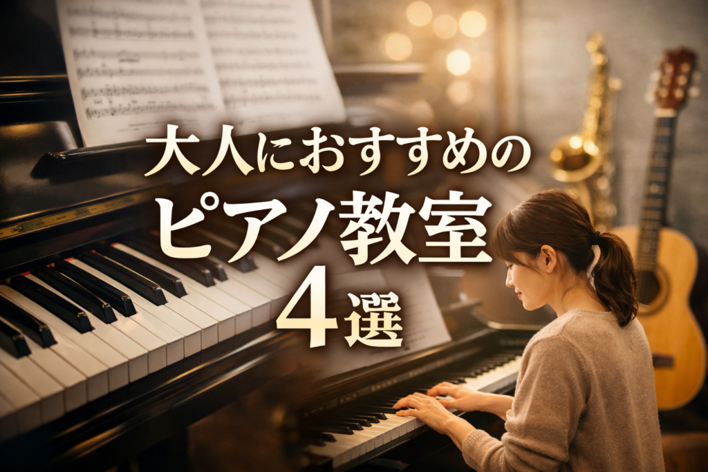 大人がピアノ教室を選ぶイメージを表現した横長バナー。ピアノの鍵盤と楽譜を背景に、ピアノを弾く女性の姿と「大人におすすめのピアノ教室4選」の文字を中央に配置したアイキャッチ画像。