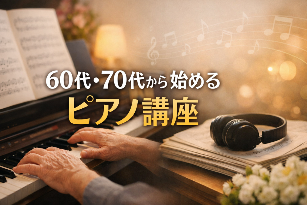 シニア世代が自宅でピアノを楽しむ様子をイメージした、60代・70代向けピアノ講座のアイキャッチ画像