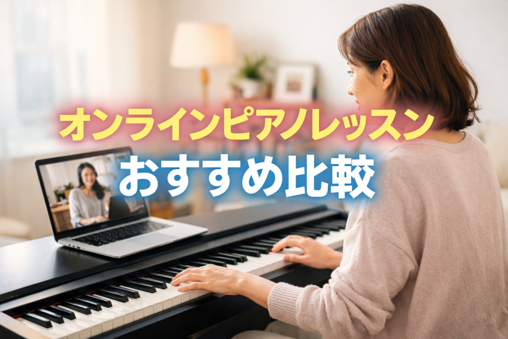 電子ピアノとノートPCを使って自宅でオンラインピアノレッスンを受ける様子を表現した、大人初心者向けの横長アイキャッチ画像