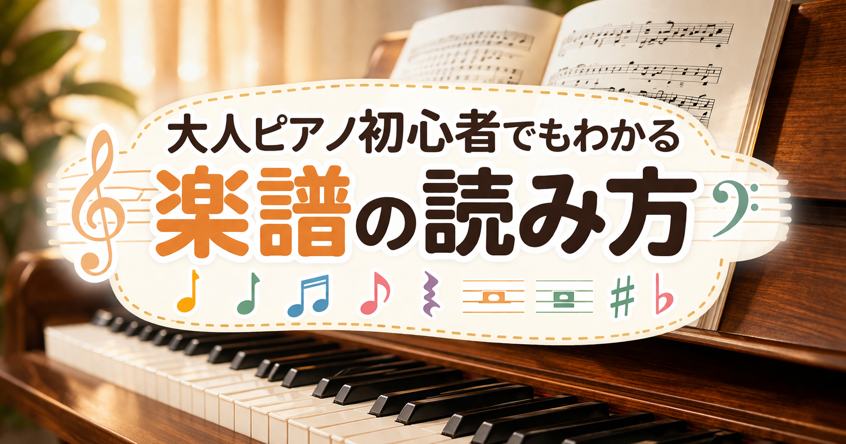ピアノの鍵盤と開いた楽譜を背景に、「大人ピアノ初心者でもわかる楽譜の読み方」というタイトルを中央に配置した横長のアイキャッチ画像
