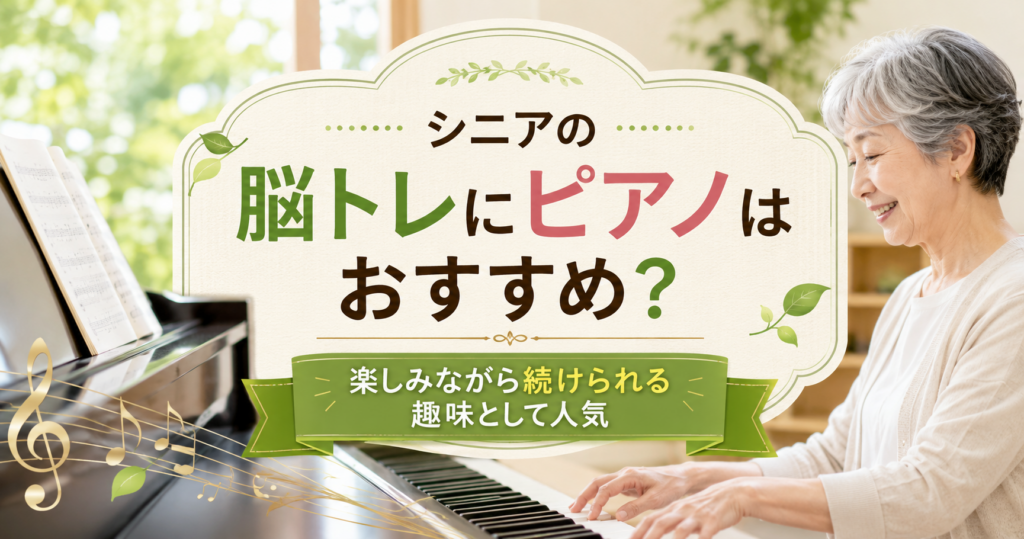 シニア女性が自宅でピアノを弾きながら笑顔を見せる様子と、「シニアの脳トレにピアノはおすすめ？楽しみながら続けられる趣味として人気」というタイトルを配置したアイキャッチ画像。